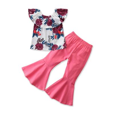 China Hot Sale Summer Casual 2 Piece Clothes Set Kids Pink One-Shoulder Top+ Flare Pants For Girls for sale