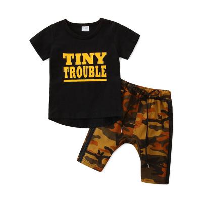 China Fashion boutique boys casual tracksuits brand boy drop sets letter T-shirt and camouflage shorts suits for boys for sale