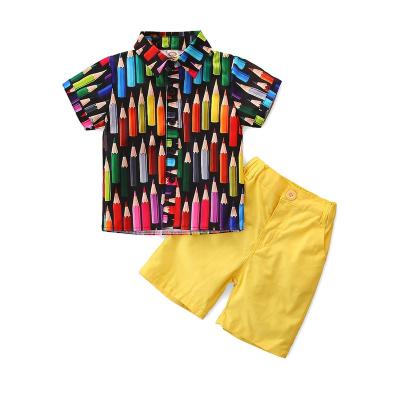 China ENGLAND STYLE Personality Pencil Print Luxury Boys Clothing Sets Kid's Short Sleeve Baby Boys Two Piece Suit Summer for sale