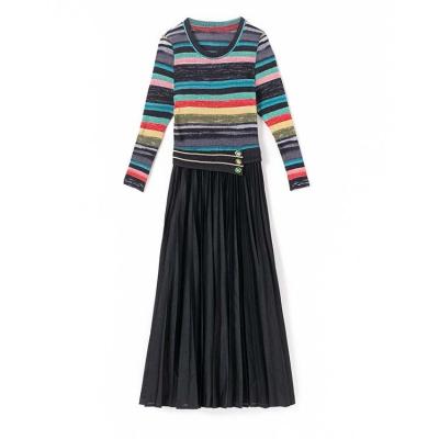 China Anti-Static Long Sleeve Narrow Waist And Horizontal Stripes Clothing Pleated Comfortable Draped Knit Women Dress for sale