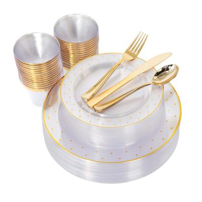 China Newest Hot Sale Disposable Gold Rim Plastic Disposable Party Plates Disposable Cutlery White With Gold Dot for sale