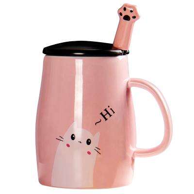 China 450ml Disposable Cat Design Ceramic Coffee Mug Cute Personalized Ceramic Mugs Cups With Lid And Spoon for sale