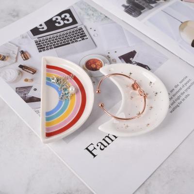 China Jewelry Tray Hot Selling Ring Dish Trinket Tray Ceramic Jewelry Dish With Rainbow Design for sale