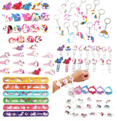 China Toy Promotional Set Silicone Unicorn PVC Chain Bracelet Ring Party Gift Customized Key Chain Wristband Cartoon Customized for sale