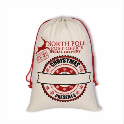 China 100% Cotton Light Weight Christmas Drawstring Bag Large Letter Deer Postmark Printed Santa Sacking Eco Friendly Christmas Gift Wrapping Bag for sale