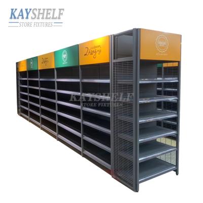 China Double Sided Metal Retail Store Display Rack Grocery Gondola Shelving Supermarket Steel Shelf For Sale for sale