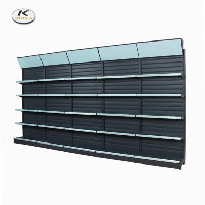 China Single Sided 5 Section Wall Faced Slatwall Supermarket Shelf With Light Box for sale