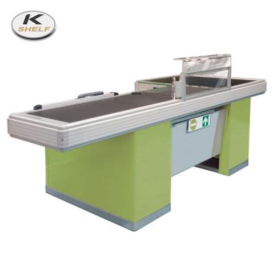 China Rustproof Cashier Counter Table Supermarket Checkout Counter With Conveyor Belt for sale