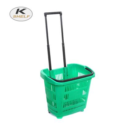 China Supermarket Durable Rolling Plastic Shopping Basket With Wheels for sale