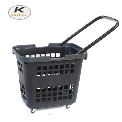 China Durable Folding Supermarket Plastic Rolling Shopping Basket for sale