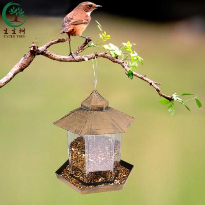 China Auto Plastic Panorama Bird Feeder Table Tray, Small Hanging Birds Bird Feeder Hexagon Shaped With Roof For Garden Yard Decoration for sale