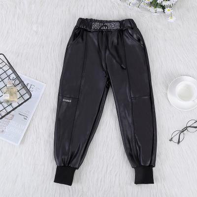 China Breathable Factory Wholesale children Leather pants trousers Winter kids fashion leather elastic waist embroidery ankle Pants for sale