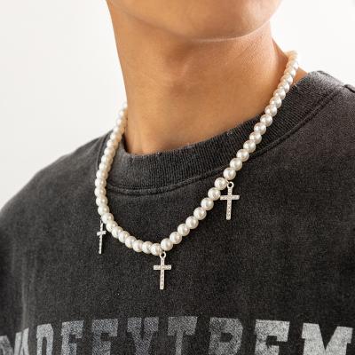 China Environmental Friendly Fashion Pearl Cross Necklace Male Personality Hip Hop Men's Pendant Necklace Cross Necklace Jewelry Diamond Cross Necklace for sale