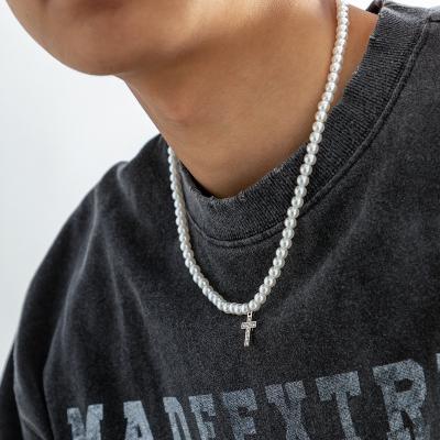 China Environmental Friendly Hot Sale Men's Necklace Accessories Fasion 8mm Pearl Cross Necklace For Men Casual Cross Necklace Jewelry for sale