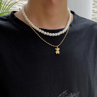 China Environmental Friendly Hot Sale Men's Jewelry Pearl Bear Necklace 2pcs Set Men's Pearl Necklace Hip Hop Clavicle Chain Accessory Men Necklace Chain for sale