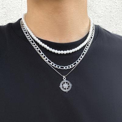 China Environmental Friendly 3pcs Men's Pendant Sweater Necklace 8mm Pearl Chain Necklace For Men Handmade Pearl Beaded Necklace Jewelry Men's Sweater Chain for sale