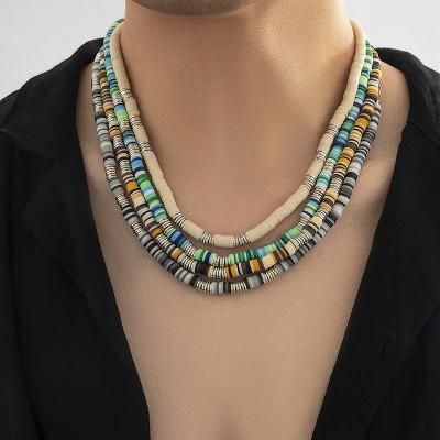 China Environmental Friendly 2023 New Personality Color Splicing Collarbone Chain Men Necklace Bohemia Jewelry Handmade Polymer Clay Wooden Bead Necklace for sale