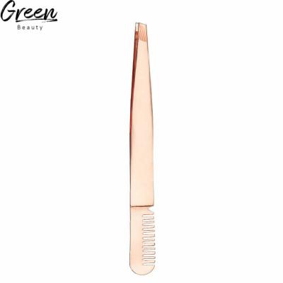 China Beauty Care Make Tools OEM Best Sell Custom Logo Stainless Steel Eyebrow Tweezers With Comb Rose Gold Precision Tweezers For Eyebrows for sale