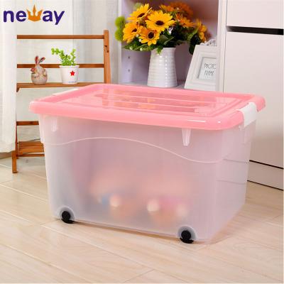 China 95L large plastic viable transparent cheap storage box with red lid for sale