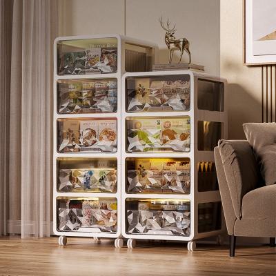 China Modern 1-5 Layer Drawer Type Storage Cabinet Free Installation Transparent Snack Storage Box With Roller for sale