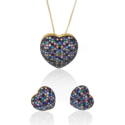 China Hiphop Hot Selling Mixed Color Zircon Stud Earrings Necklace Heart Shaped Jewelry Set Mail Earrings Gold Plated Pendant Set for sale