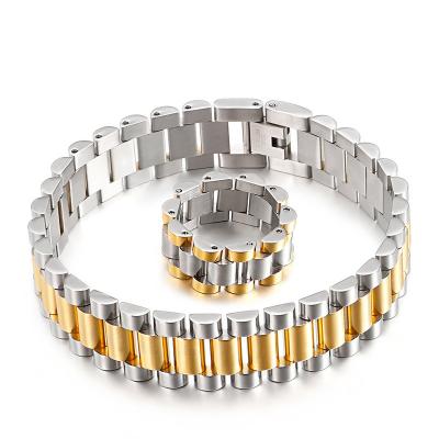 China Hiphop Gold Stainless Steel Watch Chain Men's Bracelet Ring Jewelry Set for sale