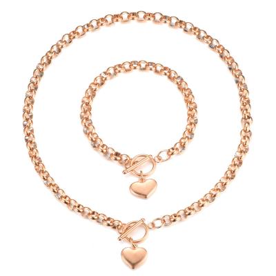 China Fashion OT Fashion Street Love Heart And Clasp Necklace Bracelet Jewelry Set Heart And O Shaped Stainless Steel Bracelet Necklace Chain for sale