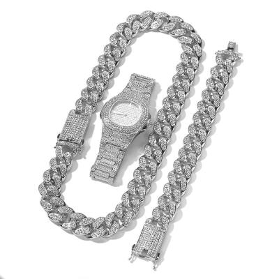 China Multi Sizes Hiphop Band Full Diamond 20mm 8 Inch Bracelet Watch Chain Necklace Mens Jewelry Set for sale