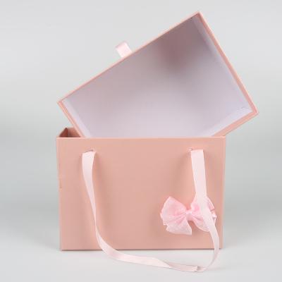 China Custom Logo Pink Color Cardboard Drawer Gift Box With Pink Ribbon Luxury Gift Boxes for sale