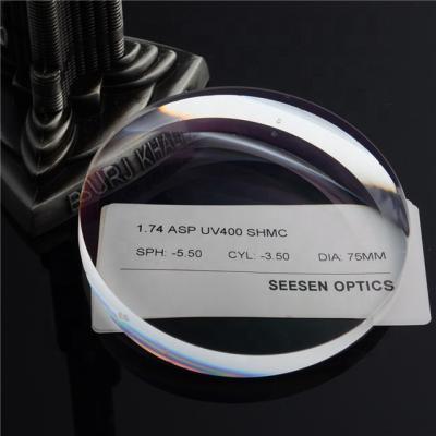 China Single Vision Index Ophthalmic Lens Manufacturers High 1.74 UV400 Aspherical SHMC Coating Resin Optical Lens for sale