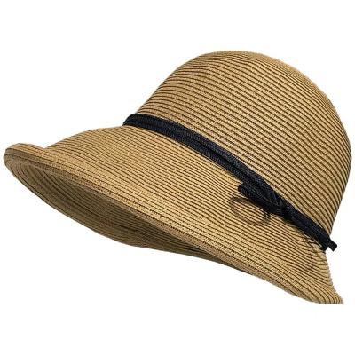 China New Women Paper Straw Striped Wide Brim Outdoor Bell Sun Ladies Beach Bucket Hat for sale