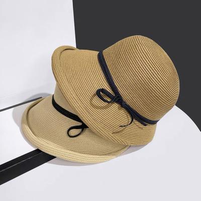 China Discrimination Hepburn Summer Style Women's Striped Thin Straw Hat Paper Straw Hat Retro Foldable Arched Main Hat for sale