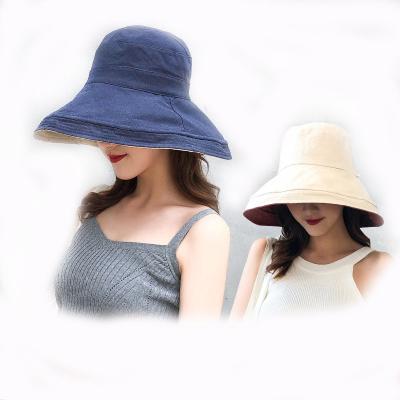 China Sun Protection Cotton Canvas Women Outdoor Embroidered Bucket Hats Double Sided Oversized Brim Bucket Hat Fishing Hat for sale