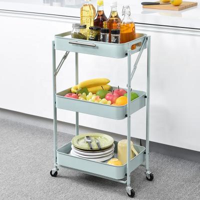 China 3 Tier Modern Foldable Kitchen Serving Vegetable Cart, Multi Purpose Folding Organizer 3 Layers Storage Rolling Carts for sale