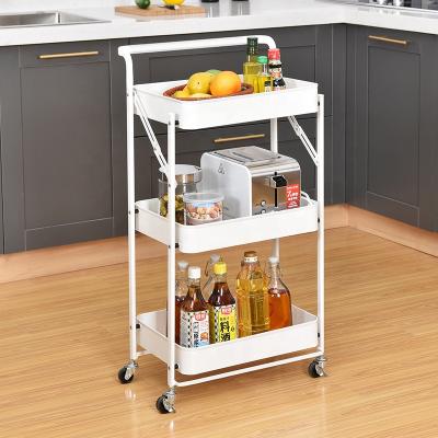 China Factory OEM Natural Quartet Metal Serving Cart With Hand Folding Storage 3-Tier Rolling Cart For Kitchen for sale