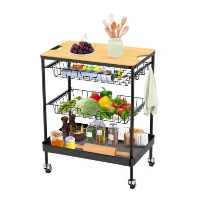 China Modern Multifunctional Kitchen 3 Tier MDF Tray Roll Cart Storage Cart Kitchen Food Serving Serving Cart with MDF Food Tray for sale