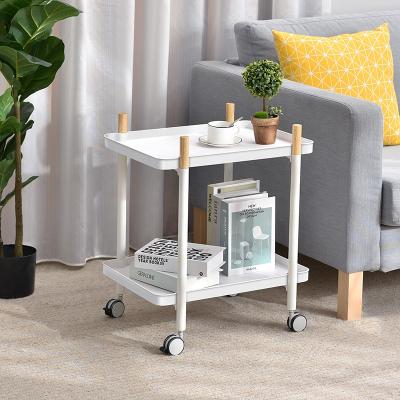 China Sustainable Sofa Side Table End Table Coffee Table On Wheels With 2 Movable Storage Shelves Cart With Pulley for sale