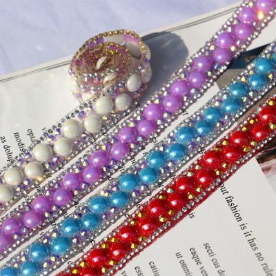 China Shiny Flatback Crystal Rhinestone Ribbon Gemstone Bar Drill Ribbon DIY Patch Rhinestone Mesh Ribbon Roll for sale