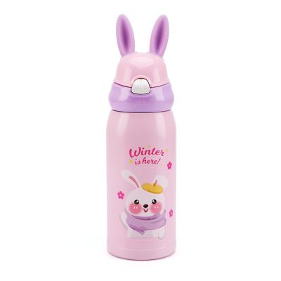 China Viable Keep Hot And Cold Double Spouted Vacuum Stainless Steel Kids Drinking Water Bottle Rabbit Shape With Straw for sale