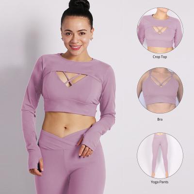 China New 2021 Women Breathable Seamless 3 Piece Gym Set Bra Top Long Sleeve Cross Crop Tight Pants Gaiters Sport Fitness Yoga Set for sale