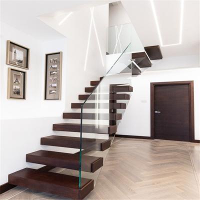 China Contemporary Floating Staircase with Wooden Steps with LED Light and Stainless Steel Railing for Indoor for sale