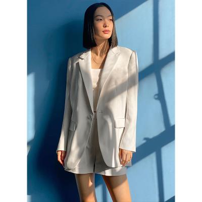 China 2021 Autumn Custom Quality White Anti-Wrinkle Padded Shoulders One Button Woman Blazers Jacket Casual Long Sleeve Blazer for sale