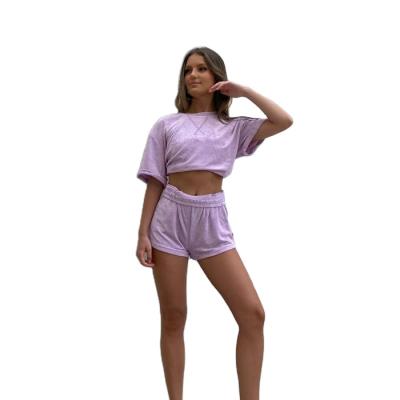 China 2021 Lilac Summer Design Terry Towel Clothing Cotton T-shirt High Quality Custom Made Women's Shorts QUICK DRY Two Piece Set for sale