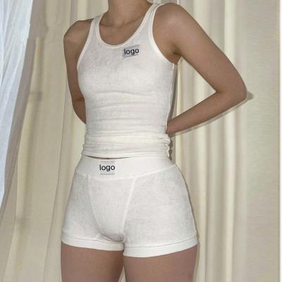 China 2021 QUICK DRY Hot Selling White Short Set 2 Pieces Summer Beach Terry Towel Tank Tops And Short Boxer Sets For Women for sale