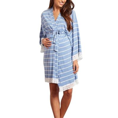 China 2021 New Arrival Long Robe Women's Luxury Blue Striped Trim QUICK DRY Crochet Long Robe Pajamas/Pajamas Maternity Nightgowns for sale