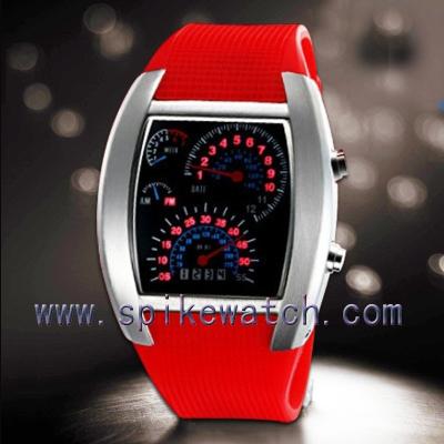 China Water Resistant Red / Blue Led Lights Adjust Shaped Speedometer Men Sport Rubber Watch for sale