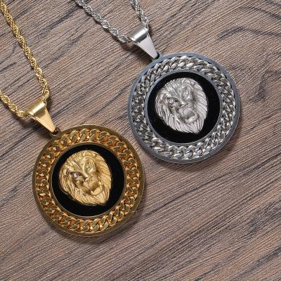 China FASHIONABLE Lion Round Plate Cuban Stainless Steel Rope Chain Jewelry Pendant Necklace For Men for sale