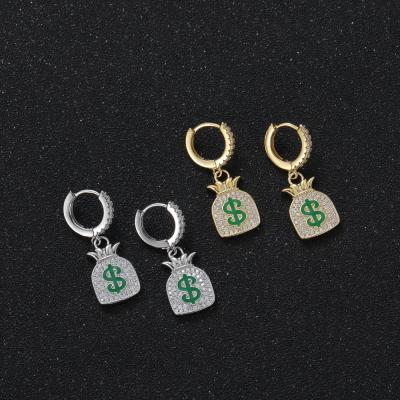 China Hip Hop Zirconium Men Women Bag Silver Dollar Sign Stud Earrings Punk Full Iced Out Stud Earrings for sale