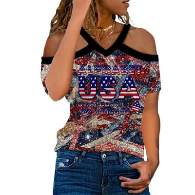 China High Quality 100% Polyester Women's Halter Breathable Digital Printing Independence Day V-Neck Short Sleeve T-Shirt for sale