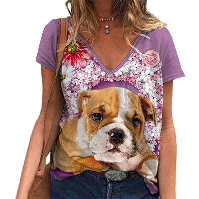 China Women's Summer New Breathable V-Neck Print Pet Loose Graphic Short Sleeve T-Shirt for sale